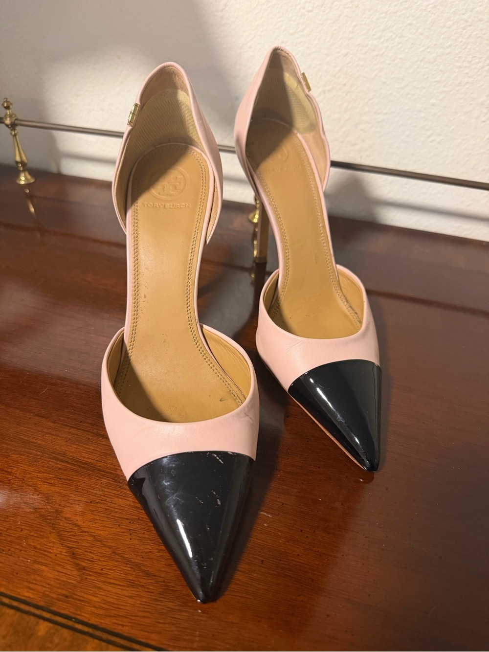 Tory Burch Blush Pink and Black Pointed D'Orsay Pumps Classy Heels Professional
